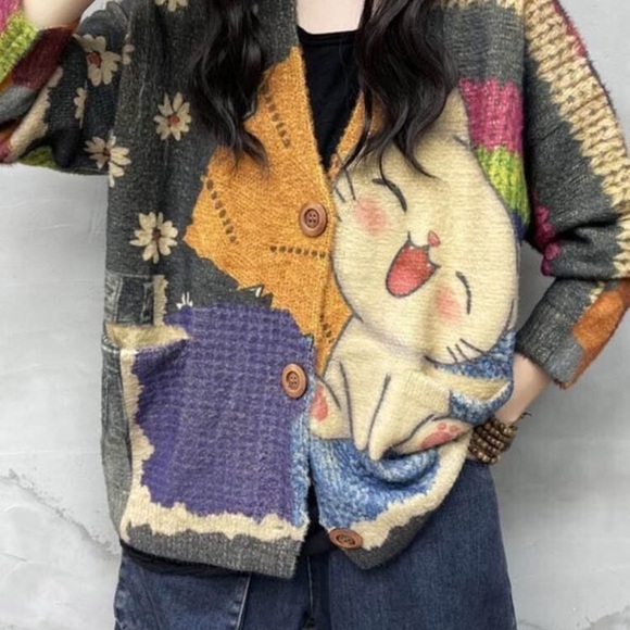 Harajuku Style Cartoon Colorful Patchwork Cardigan Sweater Wool Blend M L Cat - Picture 13 of 13